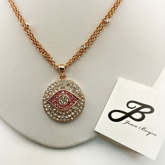 Joan Boyce Necklace Evil Eye Angel Eye Talisman Rose Gold Tone Rhinestone Bezel - Picture 1 of 12